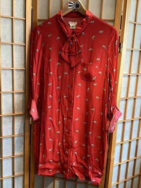 UO Cooperative Long Sleeve Button Down Shirt Dress with Dog Print Women's Small